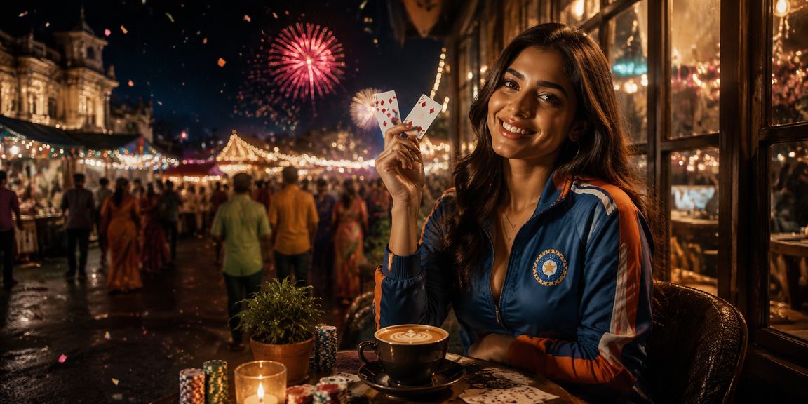 Colorful IPL season promotion combining cricket and casino games at night market